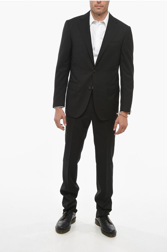 Corneliani Virgin Wool Side Vents Notch Lapel Leader 2-button Suit In Black
