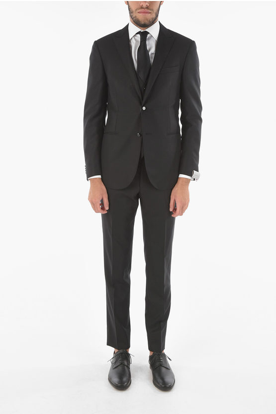Corneliani Virgin Wool Silk Cerimony Academy 3-piece Suit With Peak Lap In Black