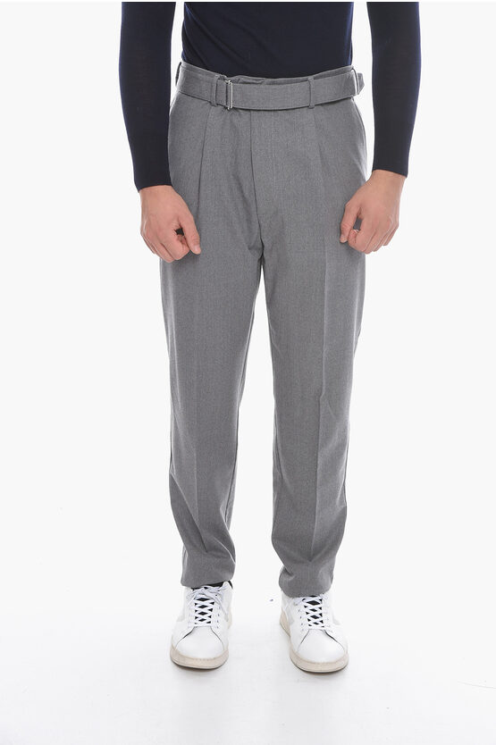 Altea Virgin Wool Single-pleat Trousers With Belt In Grey