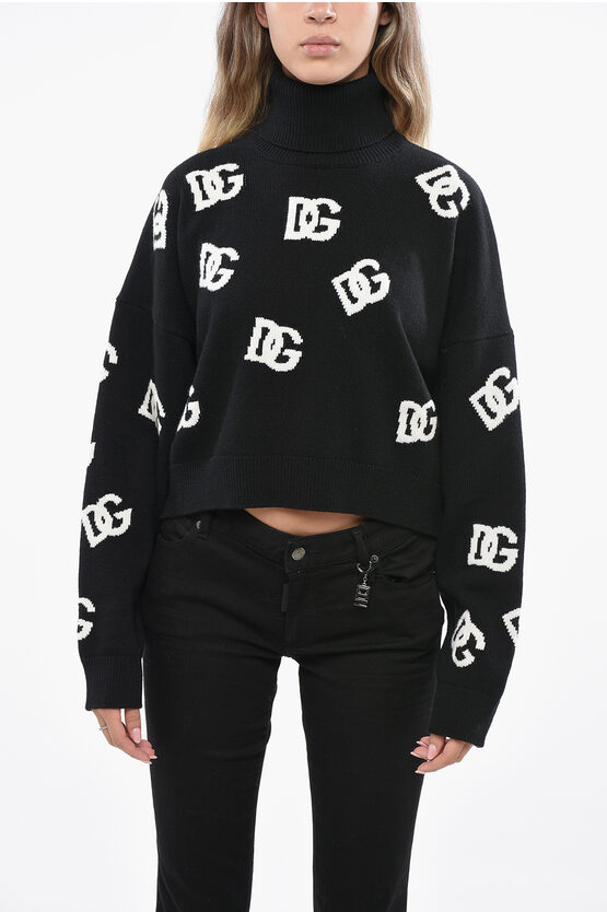 Dolce & Gabbana Virgin Wool Turtleneck Sweater With All-over Monogram In Black