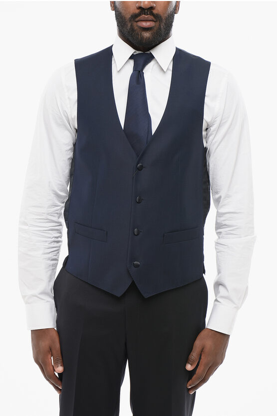 Corneliani Virgin Wool Vest With Covered Buttons In Blue
