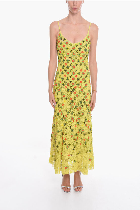 Bottega Veneta Viscose-crochet Flared Dress With Beaded Floral Motif In Yellow