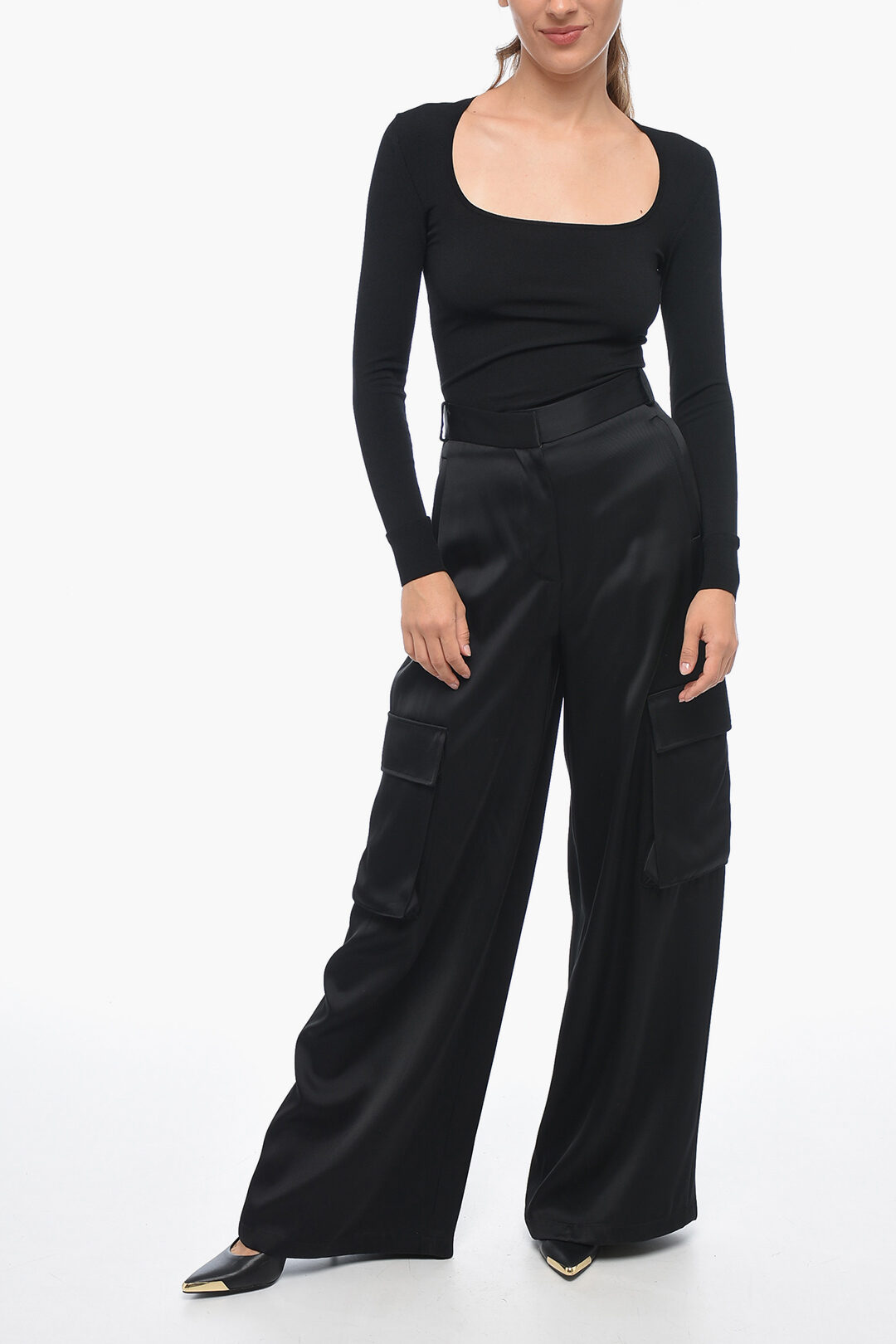 パンツ VERSACE SS23 Black satin cargo pant (10098441A06838 1B000) Versace straight-leg Cargo Trousers | Black | FARFETCH
