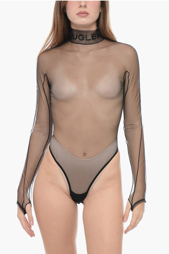 Shop Mugler Visible Stitches Mesh Body With Embossed Logo