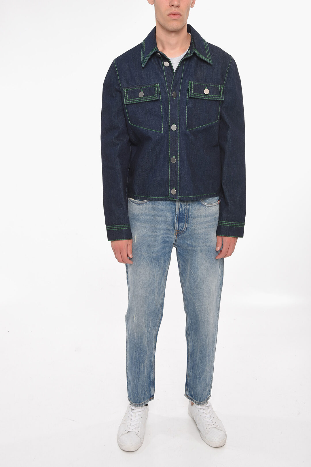 Bottega Veneta Visible Stitching Dark Wash Denim Jacket men