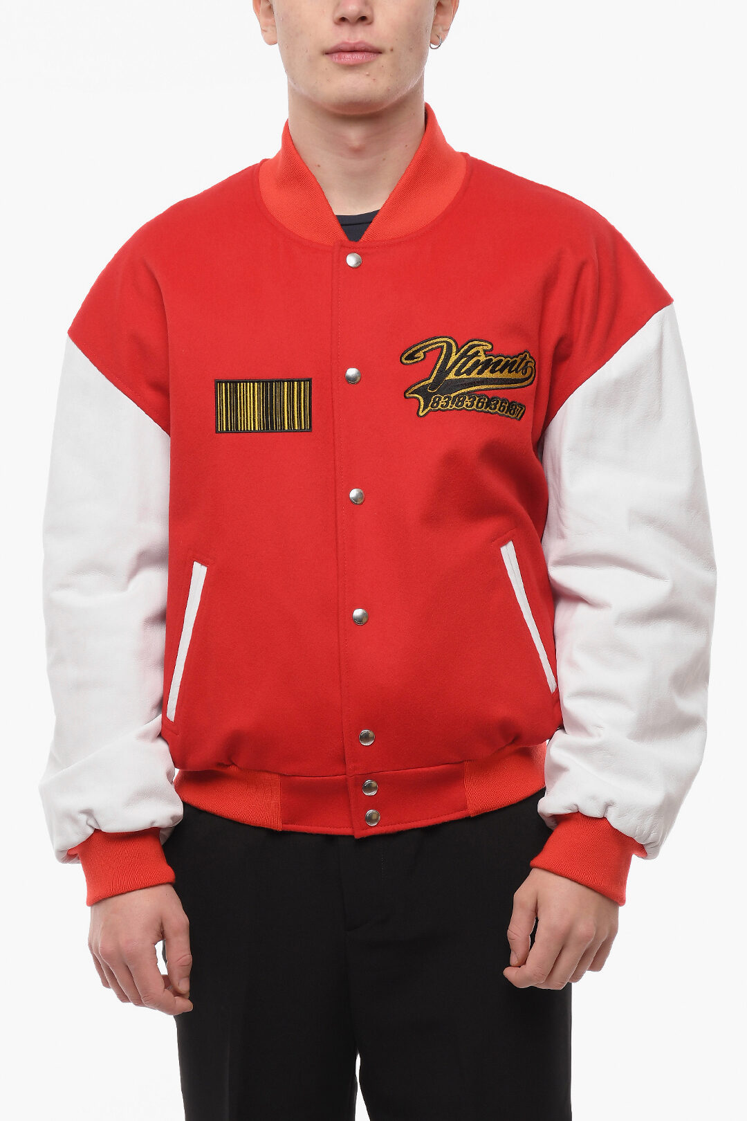 VTMNTS Leather Sleeve Wool Bomber Jacket with Embroidered Logo