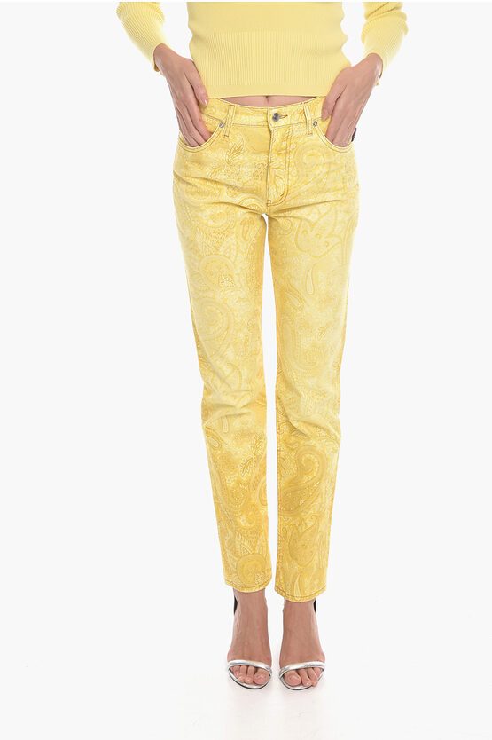 Etro Washed Denims With Paisley Print 18cm In Yellow