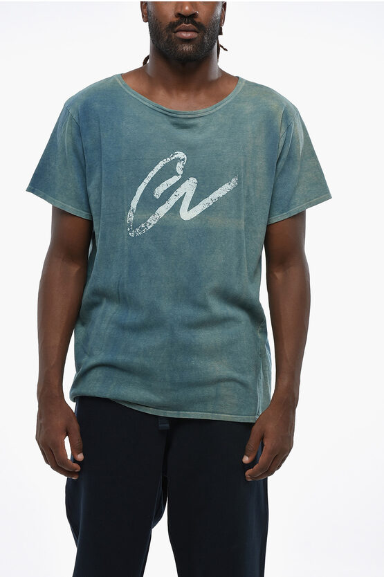 Greg Lauren Washed-out Effect Crew-neck T-shirt With Frontal Print In Blue