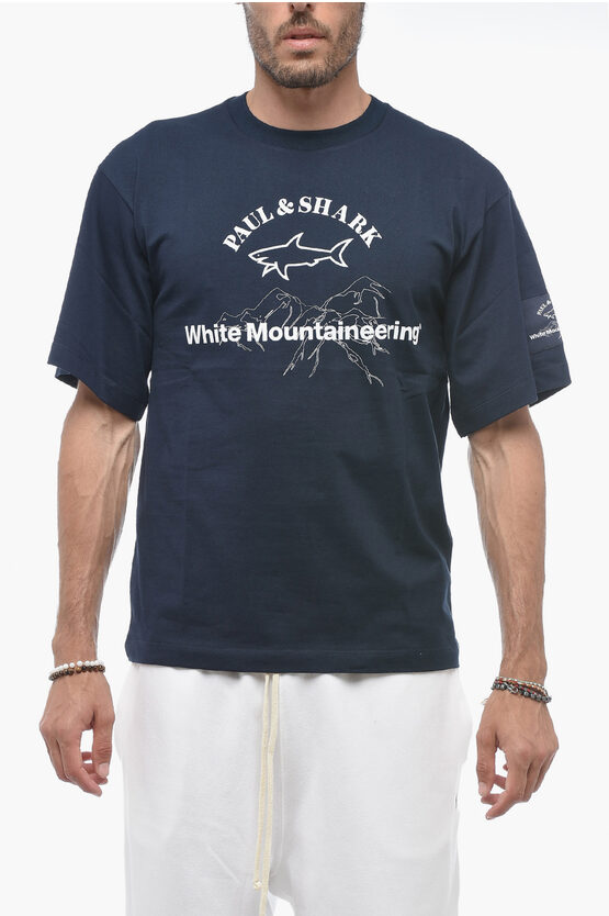 Shop Paul & Shark White Mountaineering Solid Color Crew-neck T-shirt With Prin