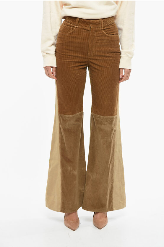 Chloé Wide Leg Corduroy Pants With Linen Detail In Brown