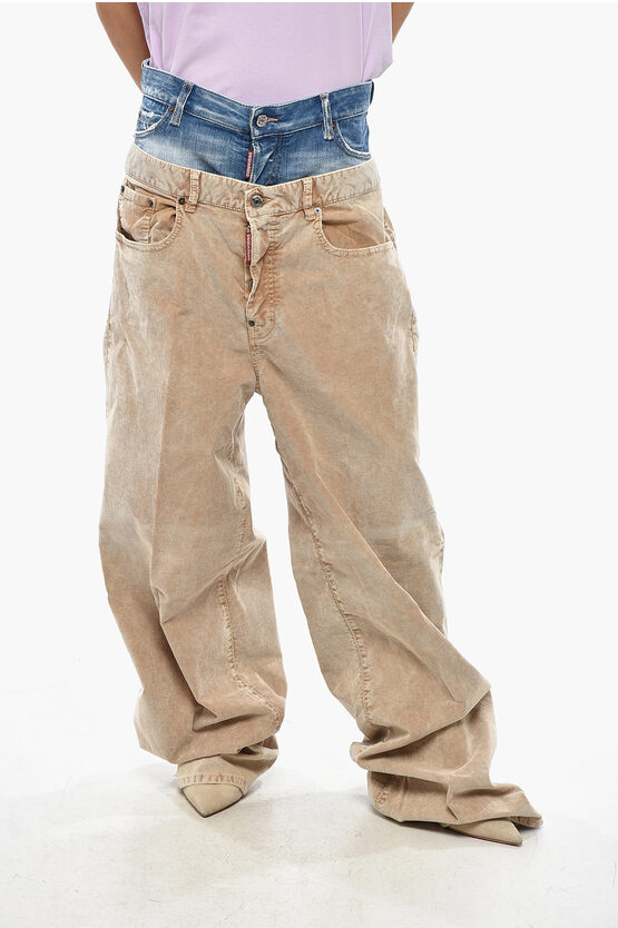 Dsquared2 Wide Leg Corduroy Twin Pack Pants With Denim Detail In Brown