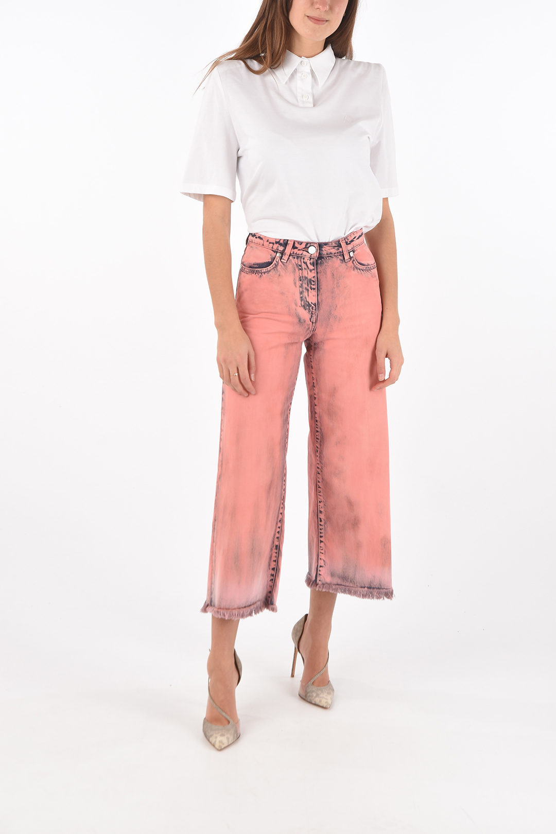 MSGM Wide Leg Cropped Jeans with Frayed 