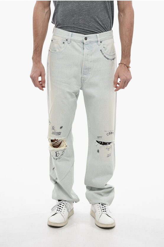 Golden Goose Wide-leg Distressed Denims With Delavé Effect And Lettering In Blue