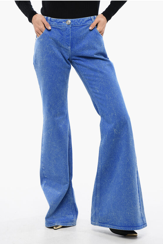 Shop Balmain Wide-leg Flared Denims With Embroidered Logo