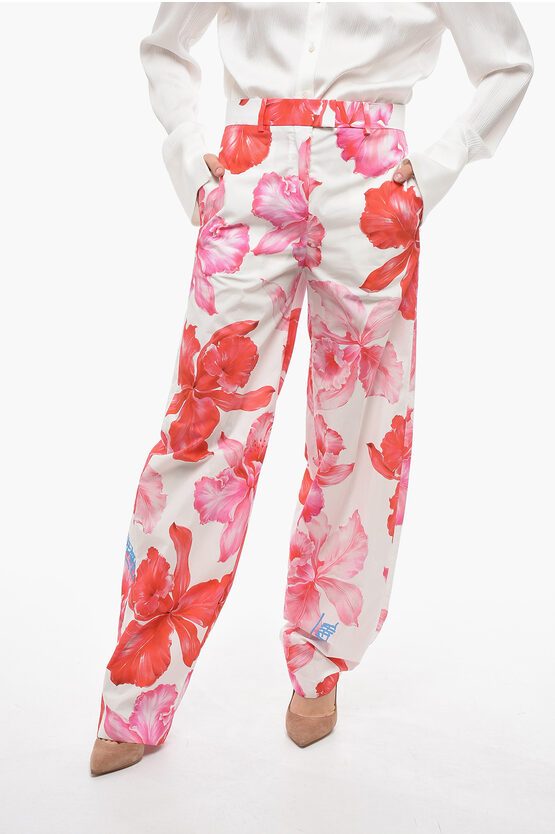 Shop Attico Wide Leg High-waisted Pants With Floral Print