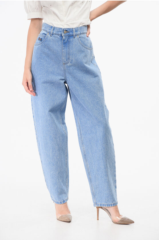 Marni Wide Leg Jeans With Leather Logo In Blue