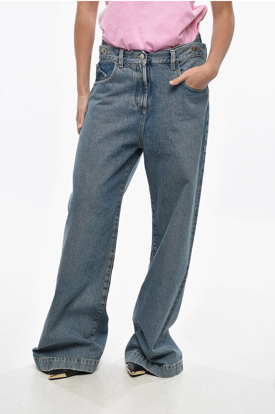 Attico Wide Leg Jeans With Logo Button 32cm In Blue