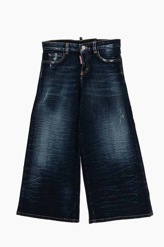 Dsquared2 Kids' Wide Leg Page Jeans With Visible Stitching In Blue