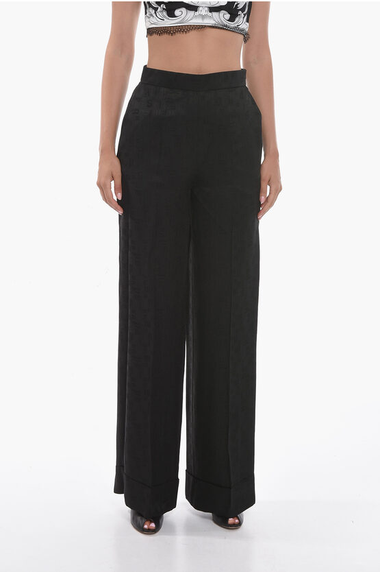 Palm Angels Wide Leg Trousers With Allover Monogram In Black