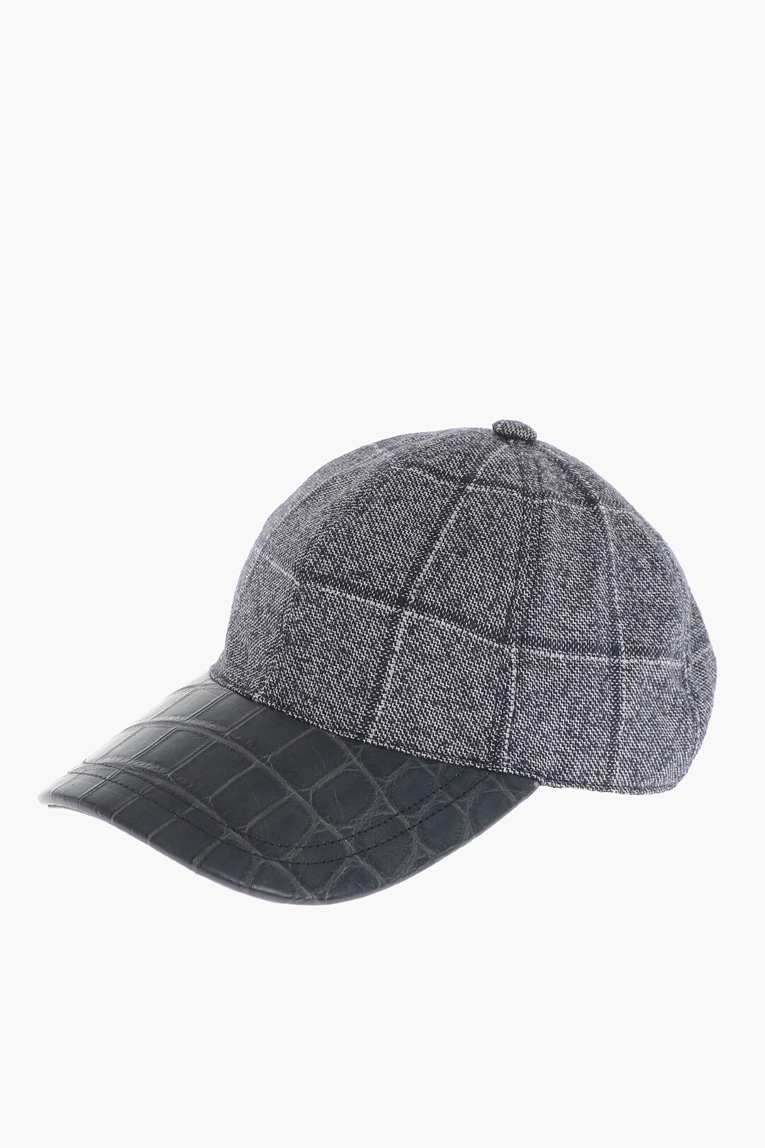 Corneliani Windowpane Check Cap with Crocodile Effect Leather Details ...