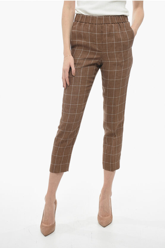 Peserico Windowpane Check Flax Pants With Elastic Waistband In Brown