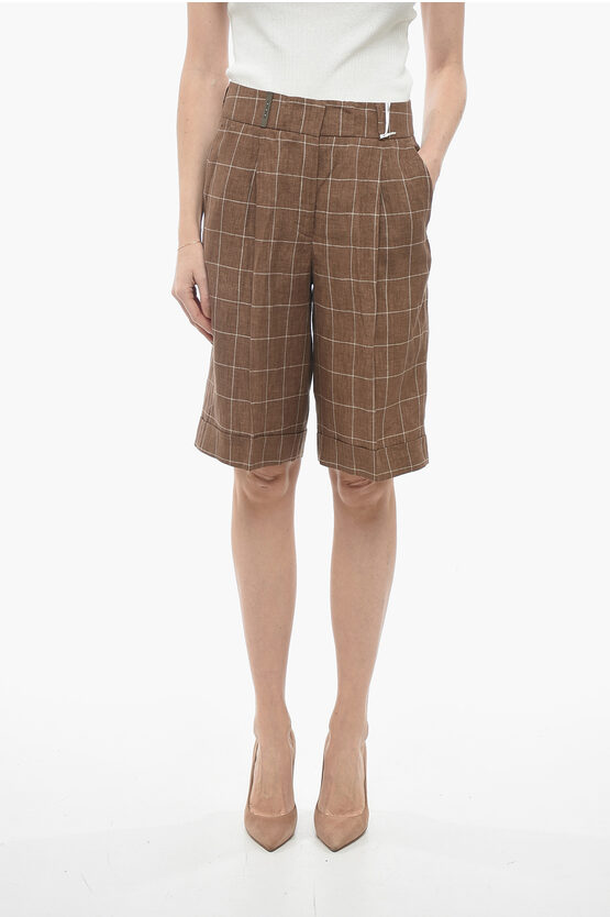 Peserico Windowpane Check Flax Shorts In Brown