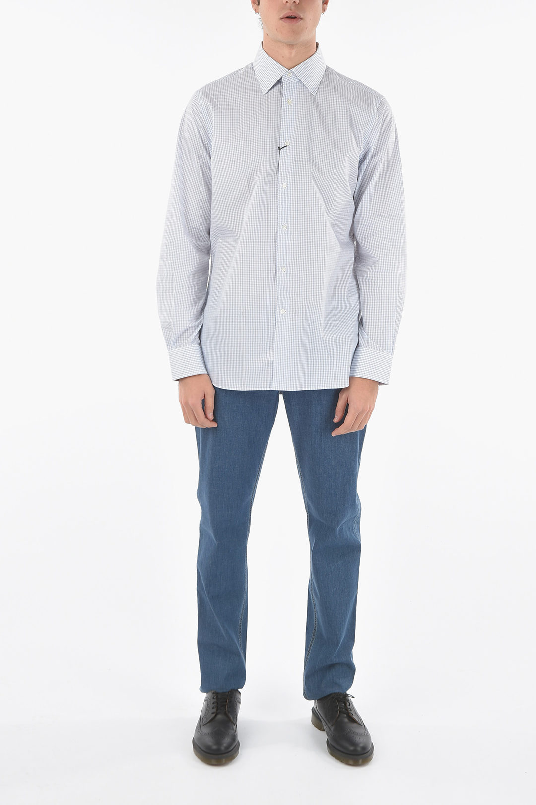 Corneliani Windowpane Check Spread Collar Shirt men - Glamood Outlet