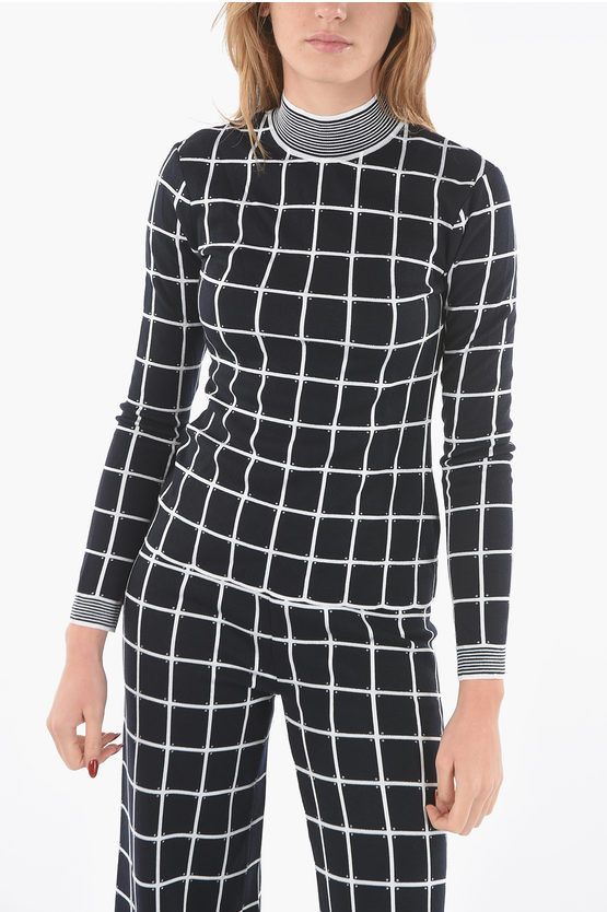 Drome Windowpane-chekered Perkins-neck Sweater With Ribbed Hems In Black