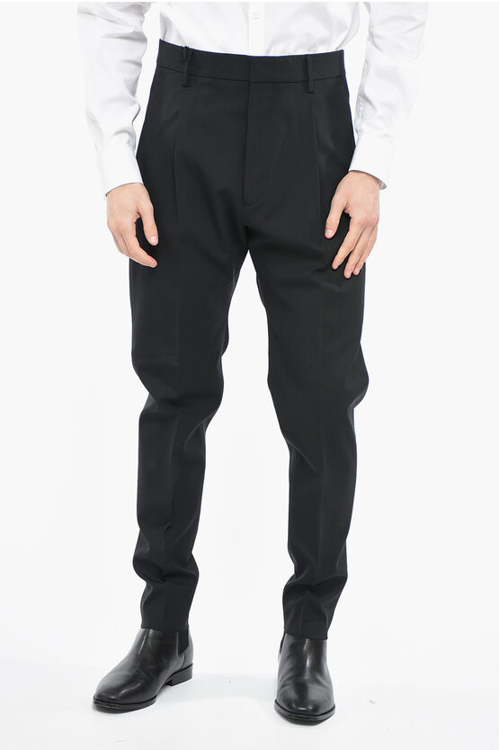 Dsquared2 Wool 1 Pleat Aviator Trousers With Front Pleat In Black