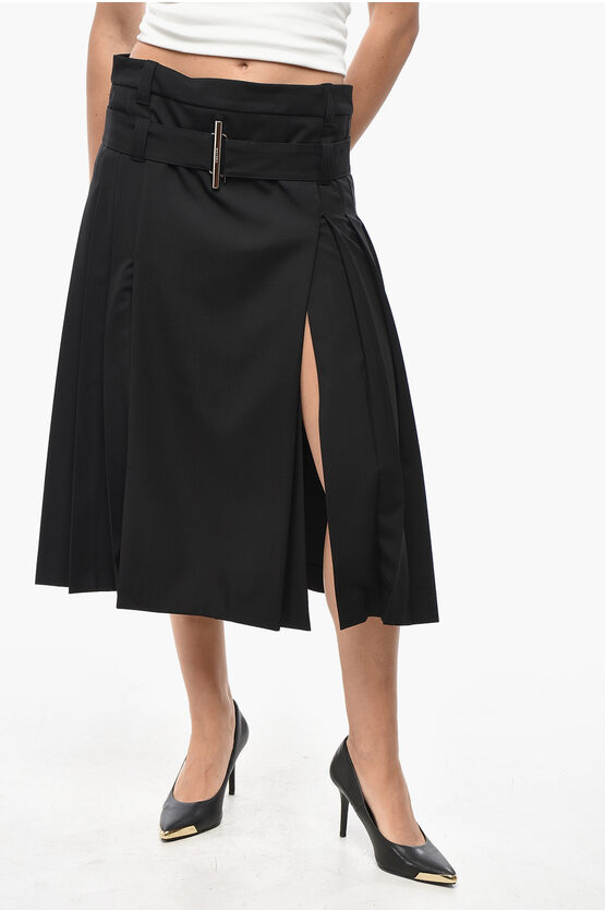 Alexander Mcqueen Wool Accordion Midi Skirt With Belt