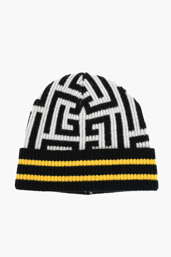 Balmain Wool And Cashmere Beanie With All-over Monogram In Black
