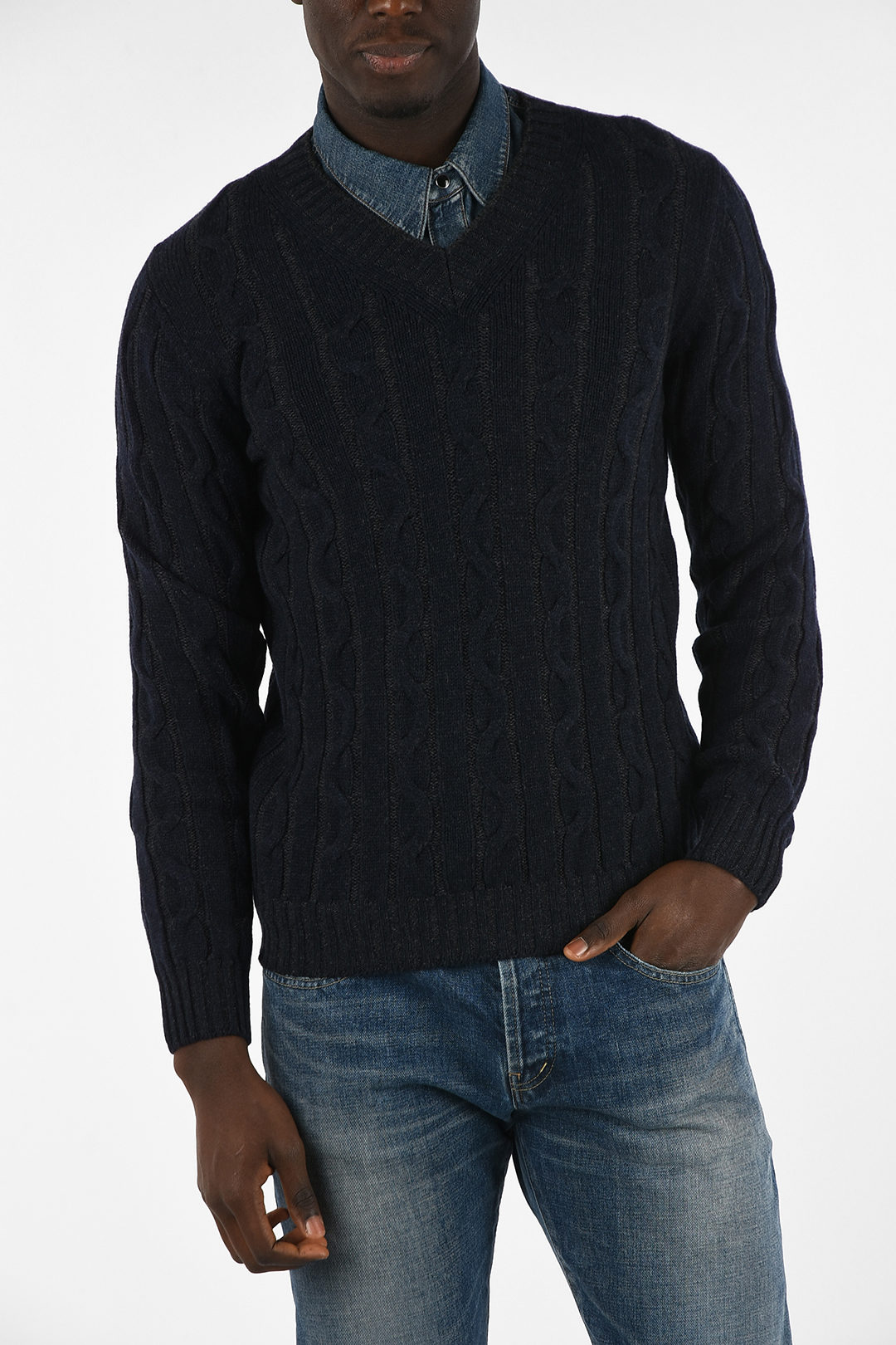 Settefili Cashmere Wool and Cashmere Cable Knit V-Neck Sweater men -  Glamood Outlet