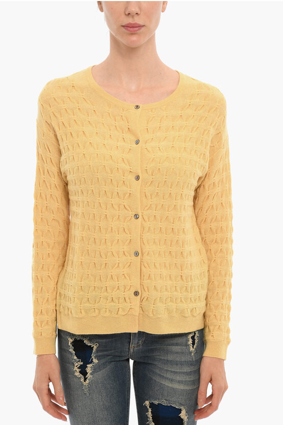 Woolrich Wool And Cashmere Cardigan With Contrasting Buttons In Yellow