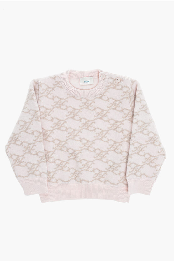 Fendi Babies' Wool And Cashmere Crew-neck Sweater With All-over Monogram In Pink