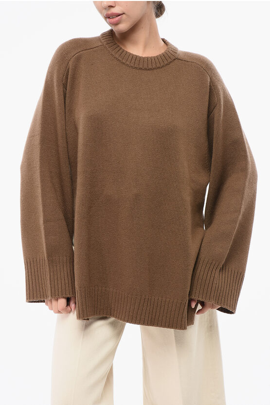 Loulou Studio Wool And Cashmere Safi Crew-neck Sweater With Maxi Side Doub In Brown