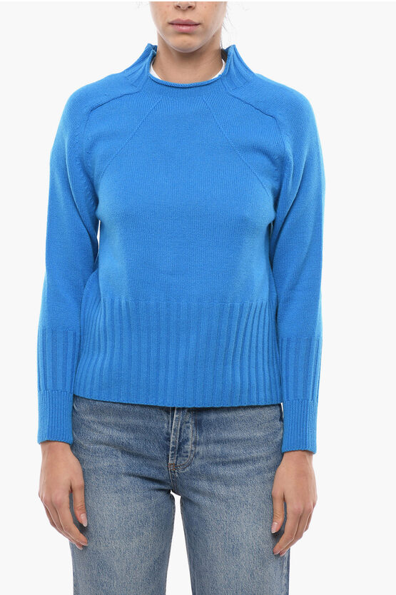 Chicca Lualdi Wool And Cashmere Turtleneck Jumper With Ribb Details In Blue