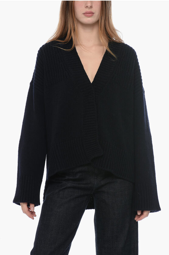 Shop Dondup Wool And Cashmere V-neck Cardigan With Asymmetrical Hem