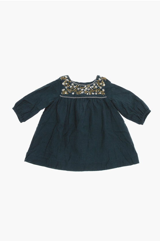 Bonpoint Wool And Cotton Dress With Floral-embroidery In Blue