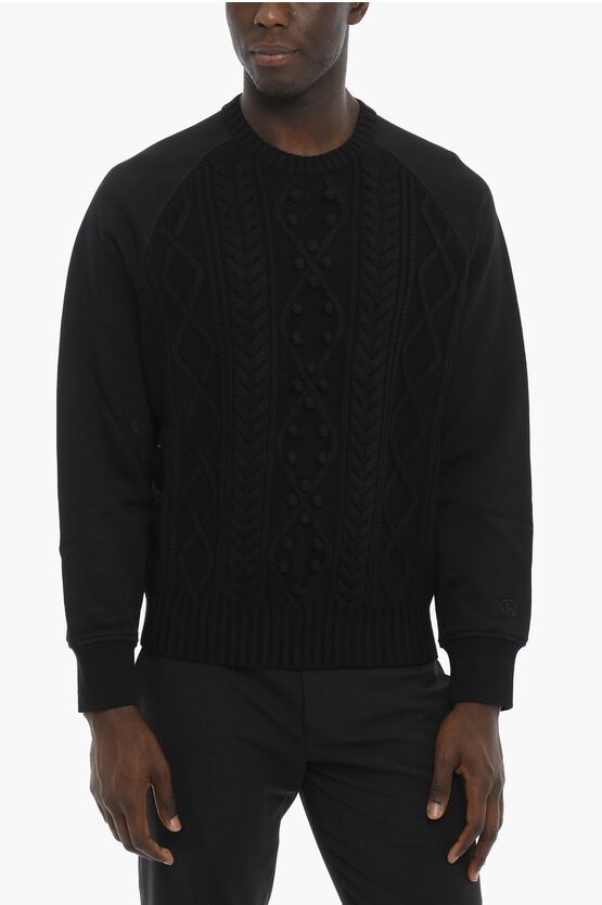 Neil Barrett Wool And Cotton Hybrid Cable-knit Sweater With Raglan Sleeve In Black