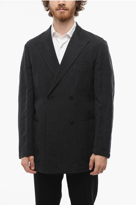 J.press Wool And Flax Side Vents Peak Lapel Double-breasted Blazer In Black