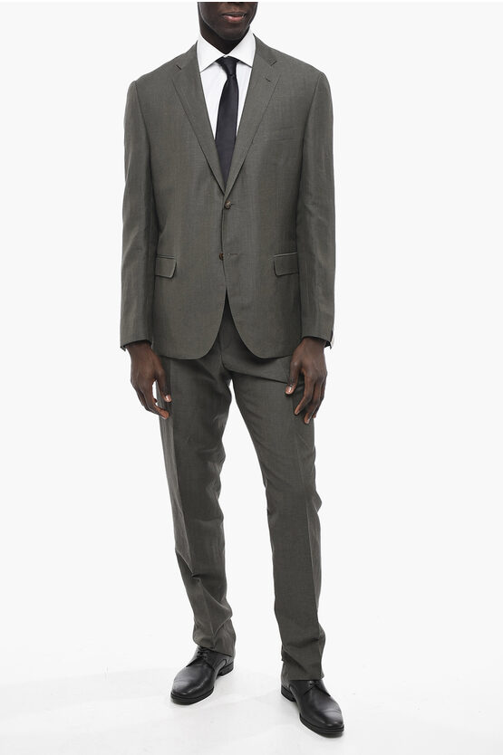 Corneliani Wool And Linen Blend Gate Suit With Flap Pockets In Grey