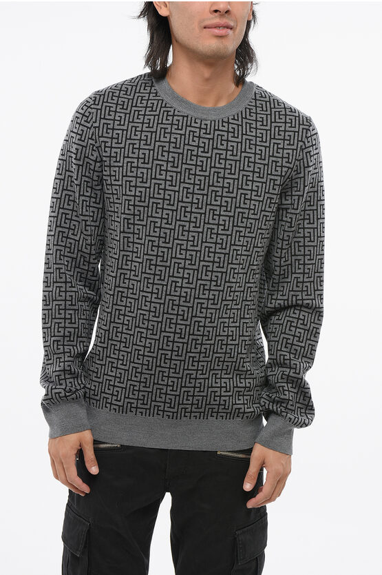 Balmain Wool And Linen Crew-neck Sweater With All-over Monogram In Gray
