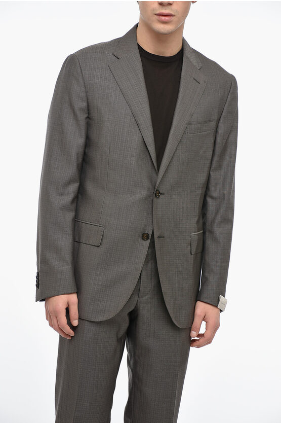 Corneliani Wool And Silk Blend Academy Soft Suit With Mini Check Patter In Gray