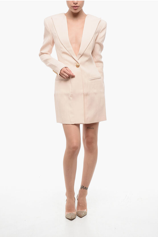 Balmain Wool Blazer Dress With Golden Button In White