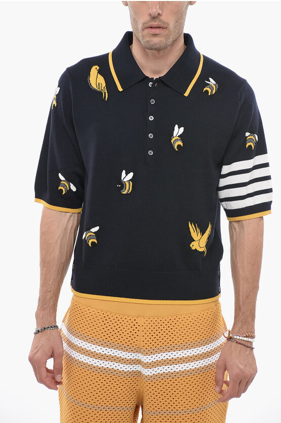 Thom Browne Polo Bird And Bees In Blue