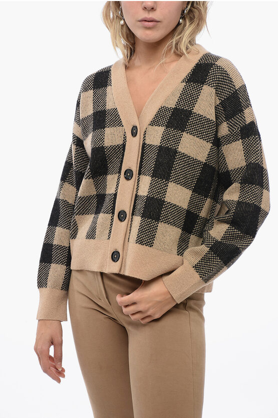 Barbour Wool Blend Cardigan With Check Pattern In Brown