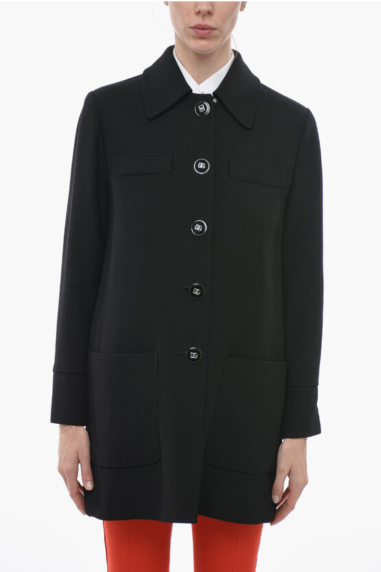 Dolce & Gabbana Wool Blend Coat With Logoed Buttons In Black