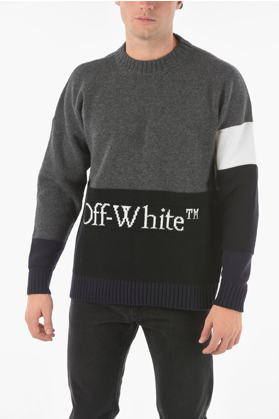 Shop Off-white Wool Blend Color Block Crewneck Sweater With Lettering Logo