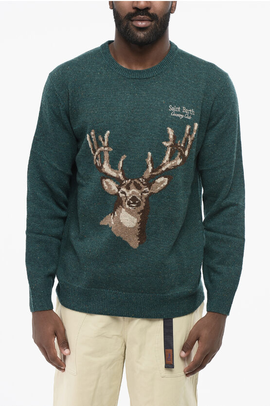 Mc2 Saint Barth Wool Blend Country Club Crew-neck Sweater With Deer Embroide In Green