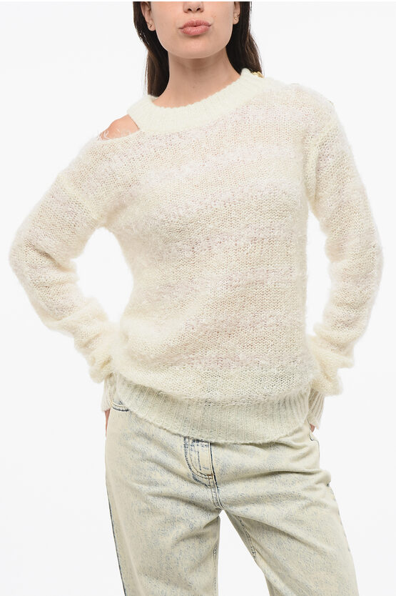 Balmain Wool Blend Crew-neck Sweater With Cut-out Detail And Golden In White